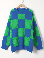 Y2K Checker Pattern Sweater Long Sleeve Round Neck Pullover Jumper