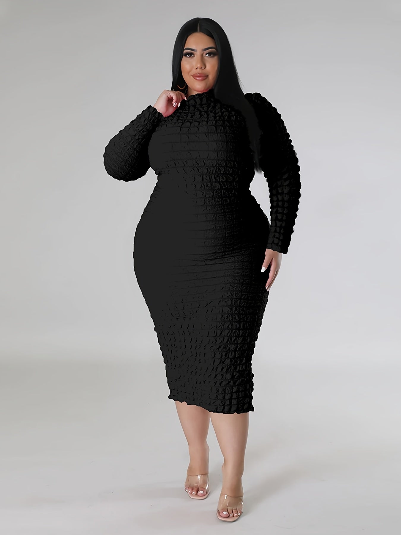 Solid Crinkle Long Sleeve High Neck Midi Dress
