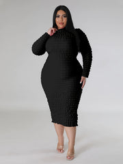 Solid Crinkle Long Sleeve High Neck Midi Dress