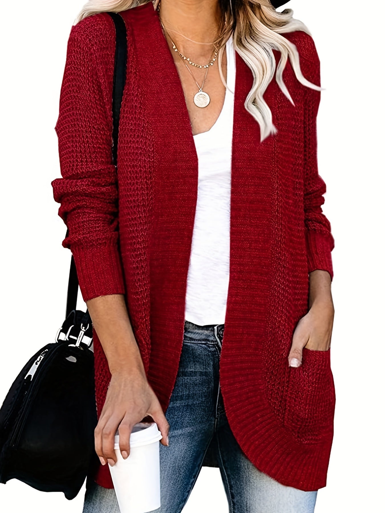 Waffle Solid Knit Cardigan Long Sleeve Sweater With Pockets