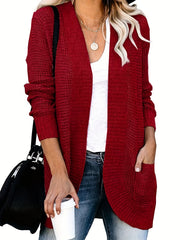 Waffle Solid Knit Cardigan Long Sleeve Sweater With Pockets