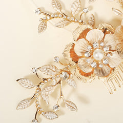 Golden Leaf Bridal Hair Comb Faux Pearl And Crystal Flower Hair Piece