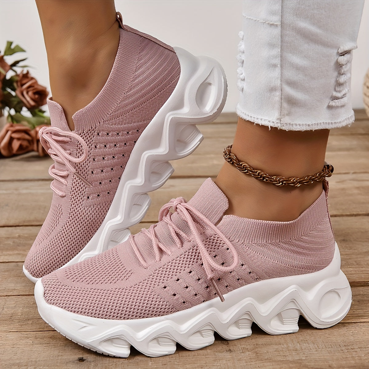 Women's Chunky Knit Sneakers Lace Up Running Sports Shoes
