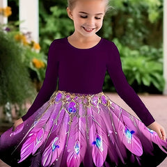 Peacock Tail Print Long Sleeve Crew Neck Dress For Girls