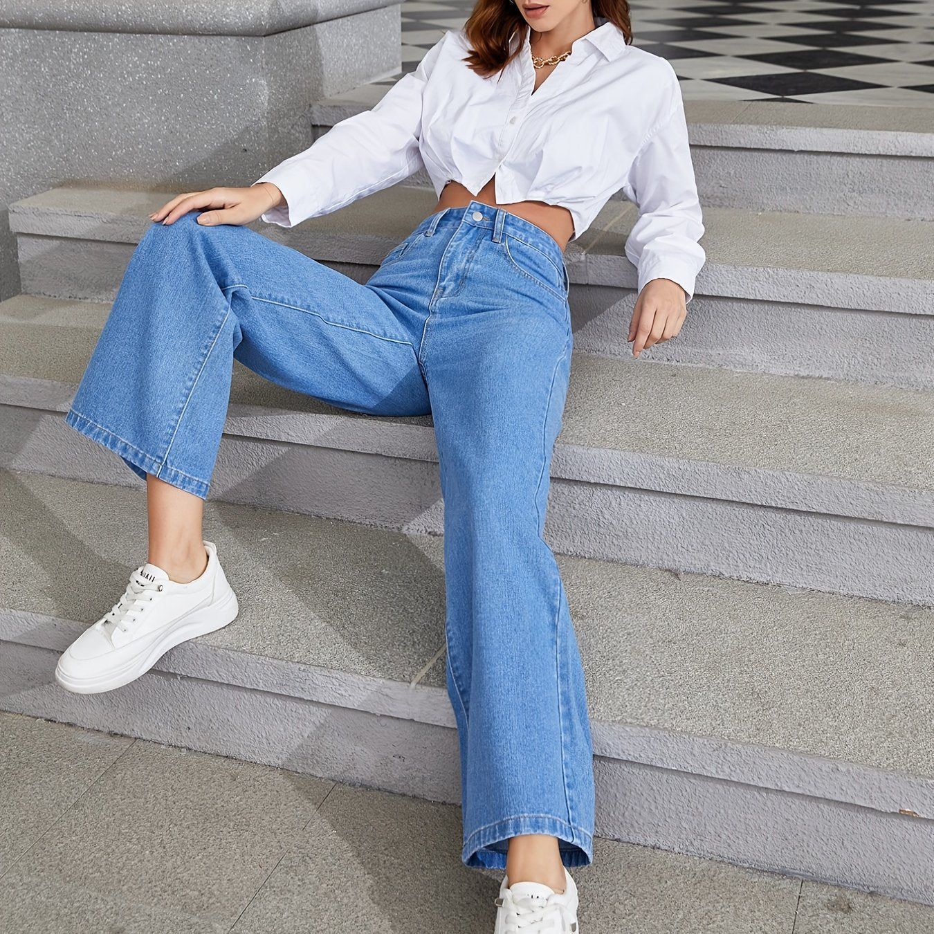 High Waist Wide Leg Jeans Slash Pockets
