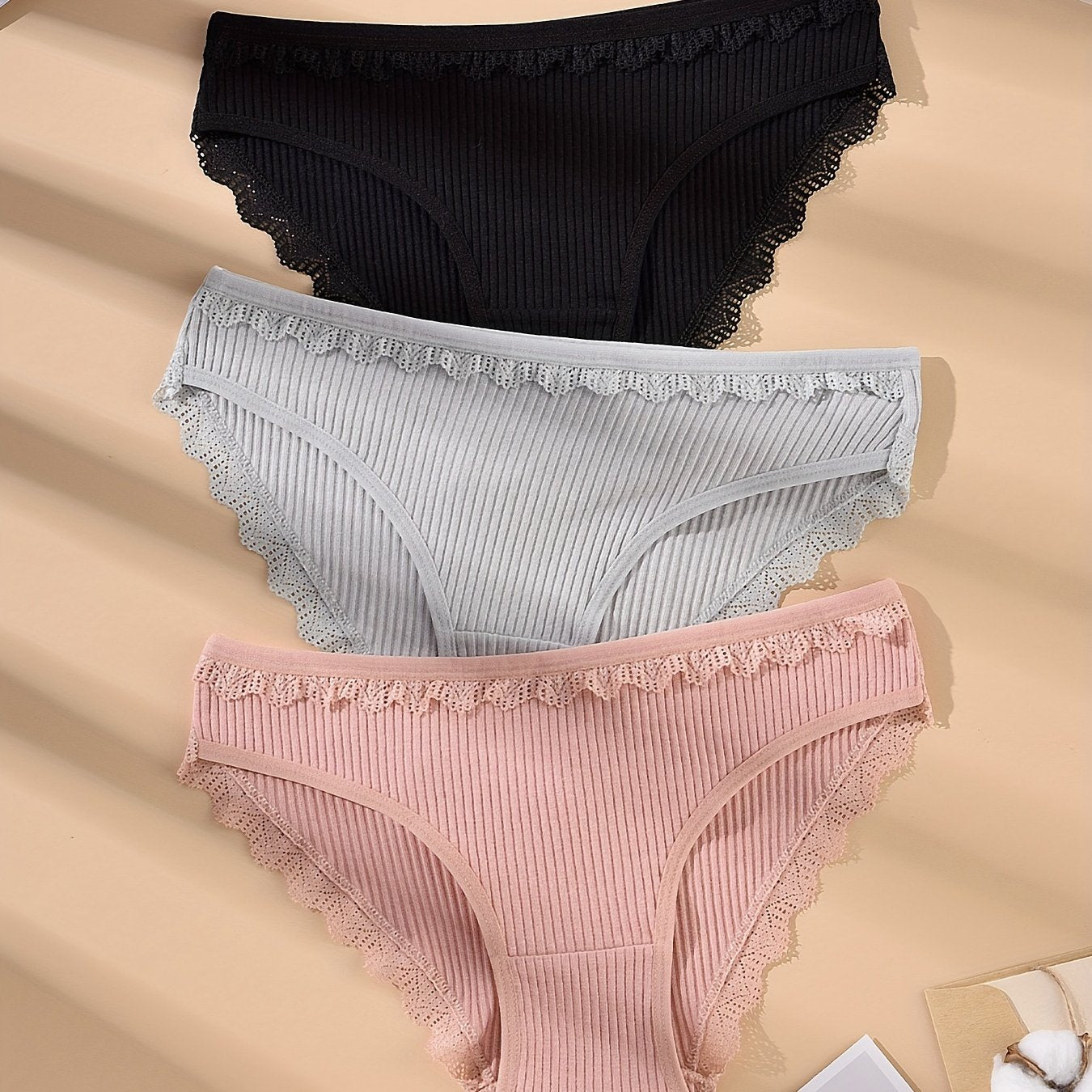 3pcs Lace Ribbed Briefs Women's Panties