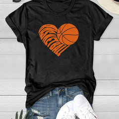 Basketball & Letter & Heart Print Sports Tee Crew Neck Casual T-shirt