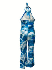 Casual Jumpsuit Women's Plus Random Print Cut Out Halter Neck