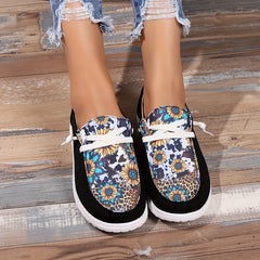 Women's Sunflower & Cow Print Canvas Loafers Casual Flat Sneakers