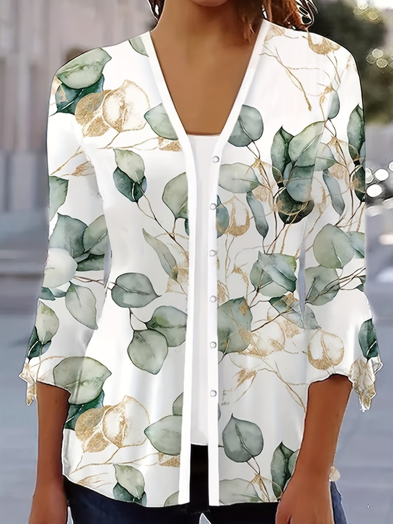 Floral Print Button Front Blouse Three Quarter Sleeve Cardigan