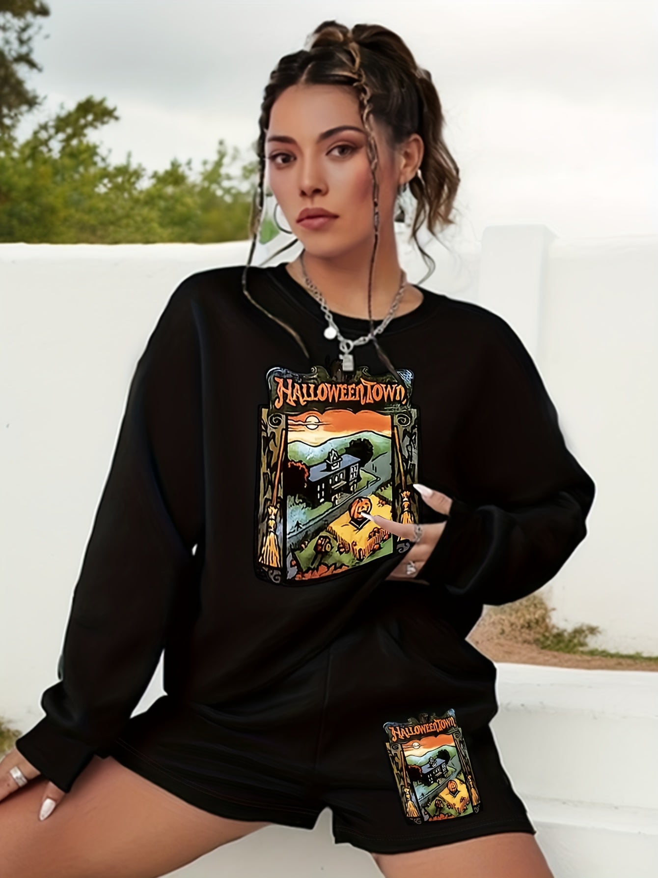 Halloween 2pcs Set Women's Graphic Sweatshirt & Shorts