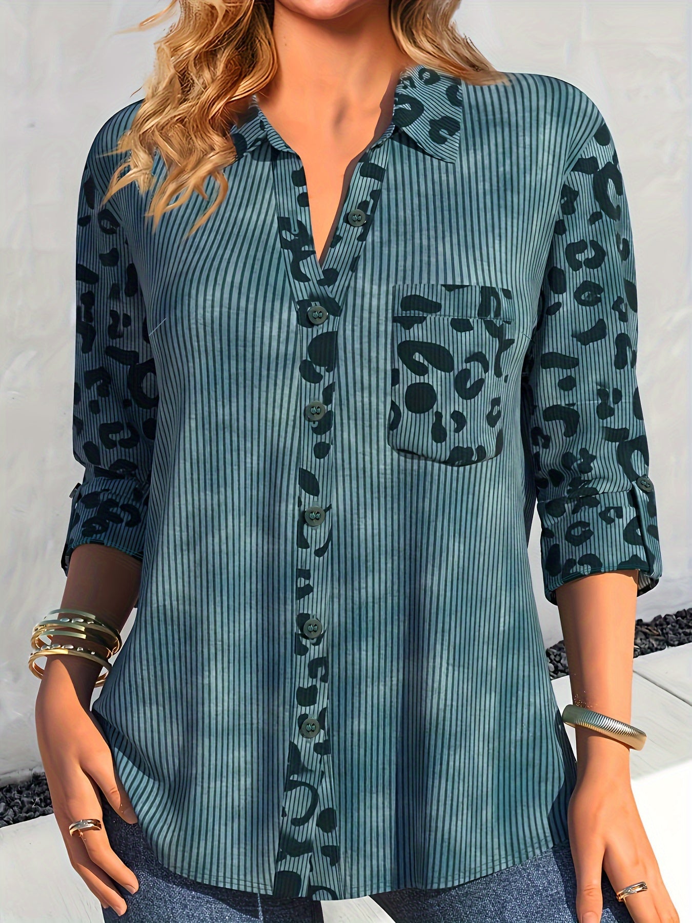 Colorblock Leopard Print Ribbed Button Up Collar Shirt