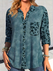 Colorblock Leopard Print Ribbed Button Up Collar Shirt