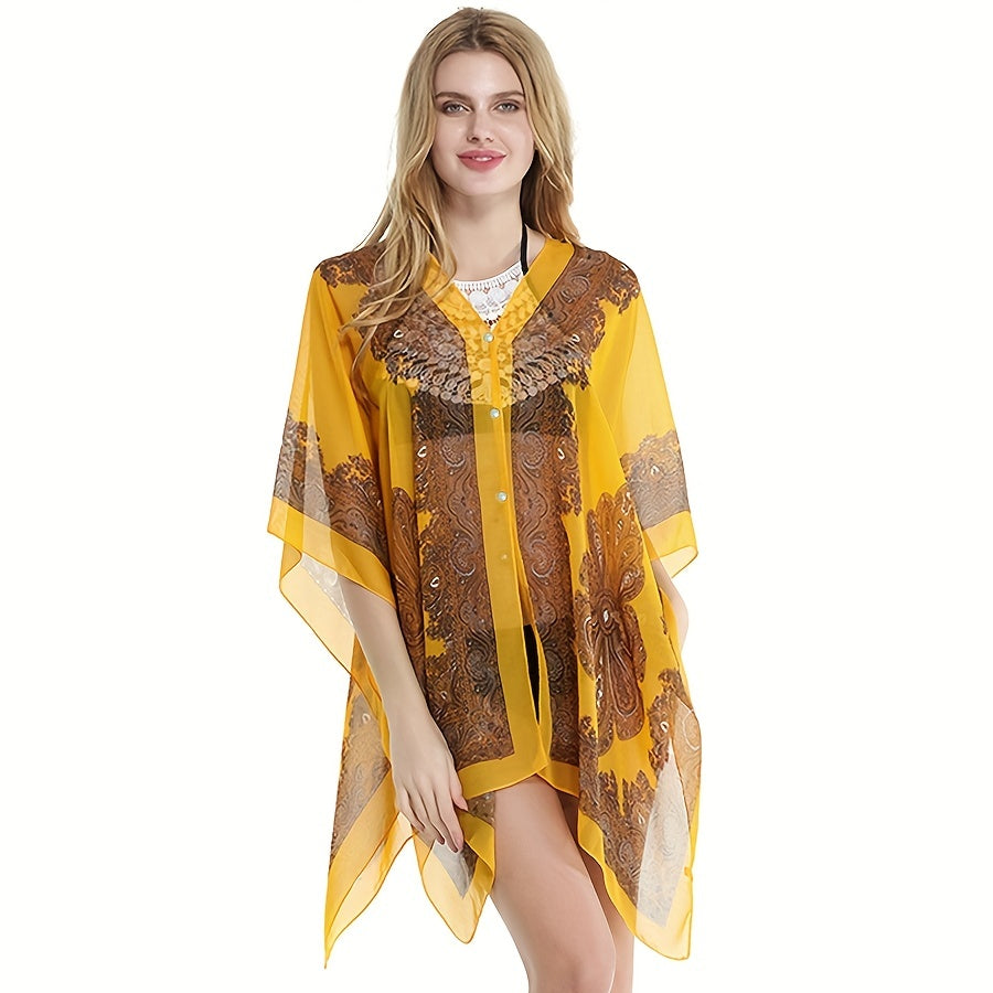 Paisley Print Shawl Bikini Cover Up - UV Protection