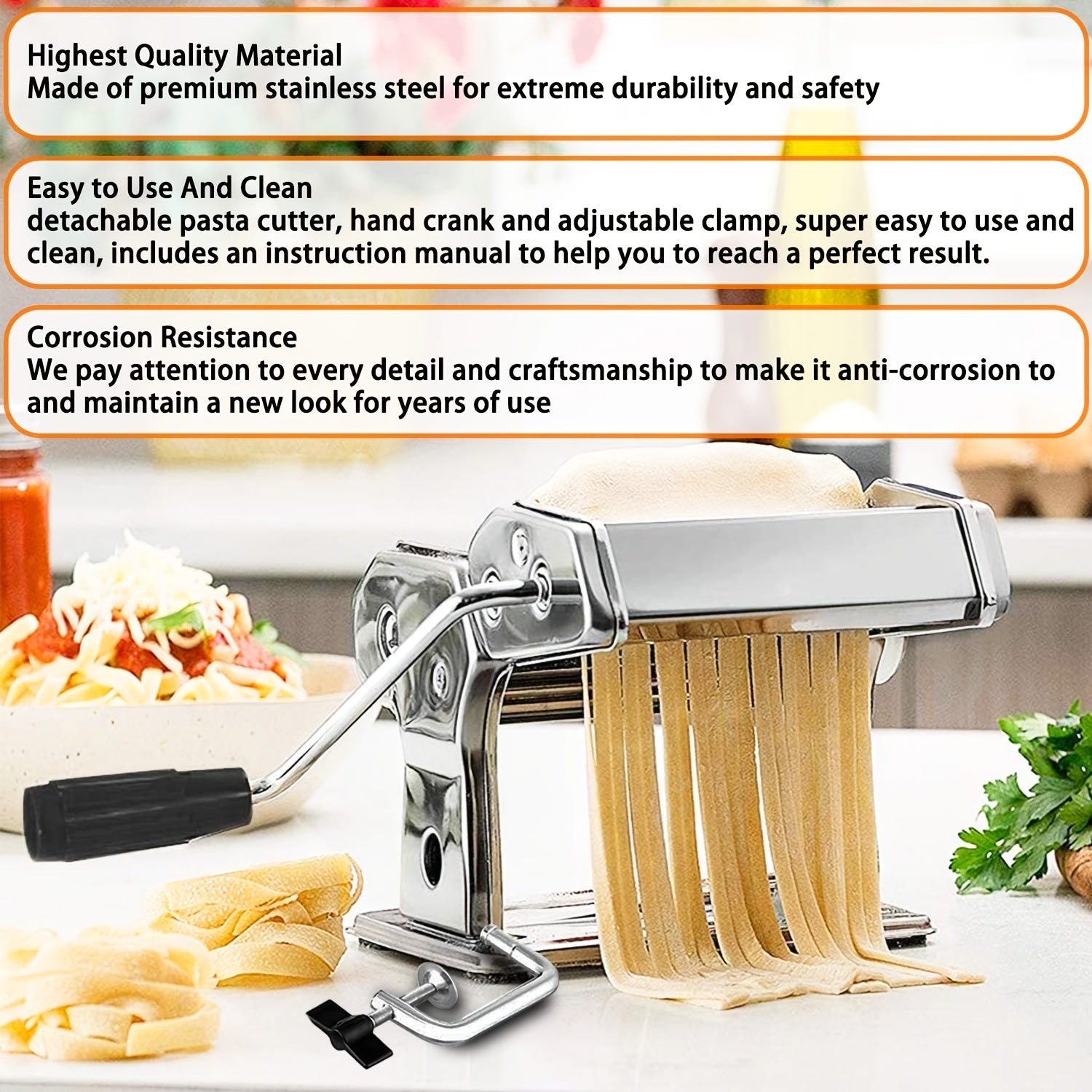 Adjustable Stainless Steel Pasta Maker with Hand Crank