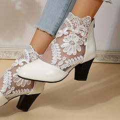 Floral Lace Ankle Boots Pointed Toe Chunky Heeled Versatile High Heeled Boots