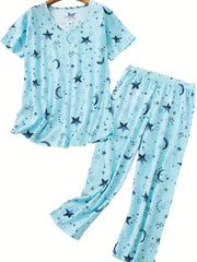 Star & Moon Print V-Neck Tee & Pants Pajama Set