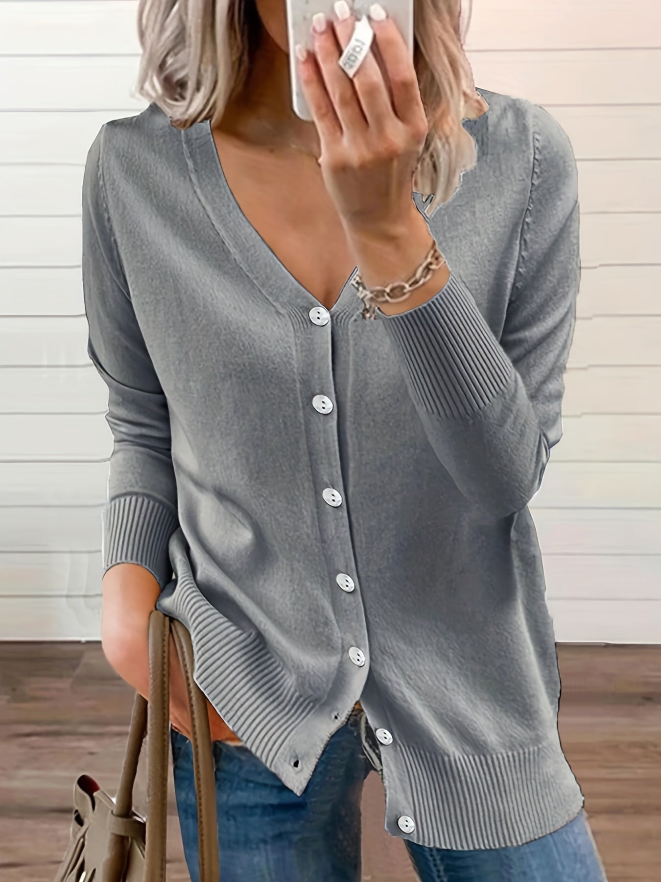 Solid V Neck Button Cardigan Long Sleeve Casual Cardigan