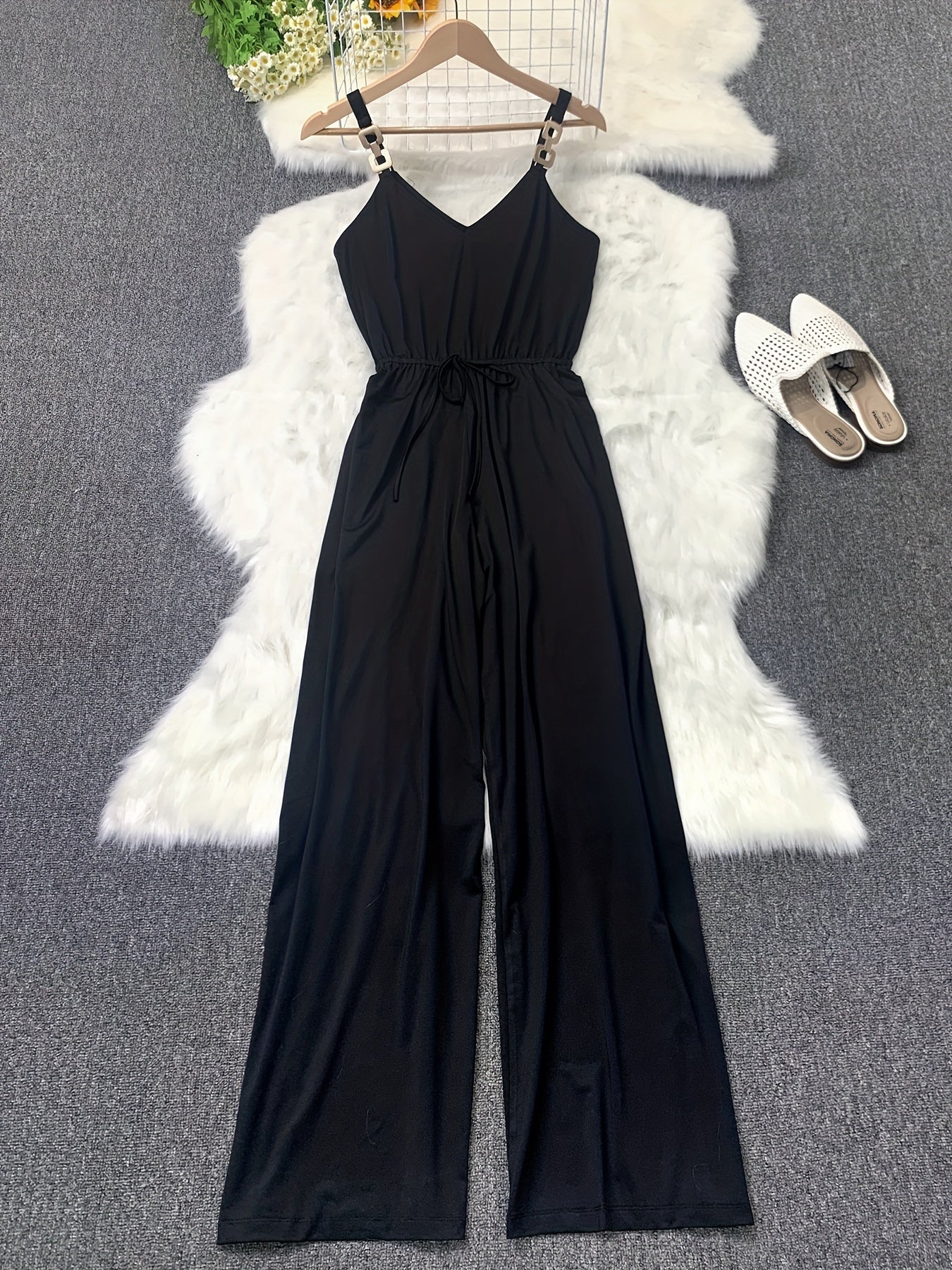 Wide Leg Tank Jumpsuit V Neck Drawstring Waist