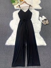 Wide Leg Tank Jumpsuit V Neck Drawstring Waist