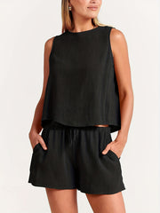Solid Tank Top & Drawstring Shorts Set