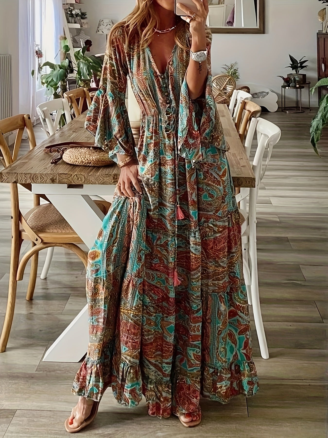 Plus Size Boho Dress Women's Paisley Floral Bell Sleeve V Neck Maxi