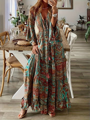 Plus Size Boho Dress Women's Paisley Floral Bell Sleeve V Neck Maxi