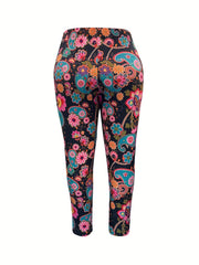 Boho Leggings Women's Plus Paisley Floral Print High Rise Leggings