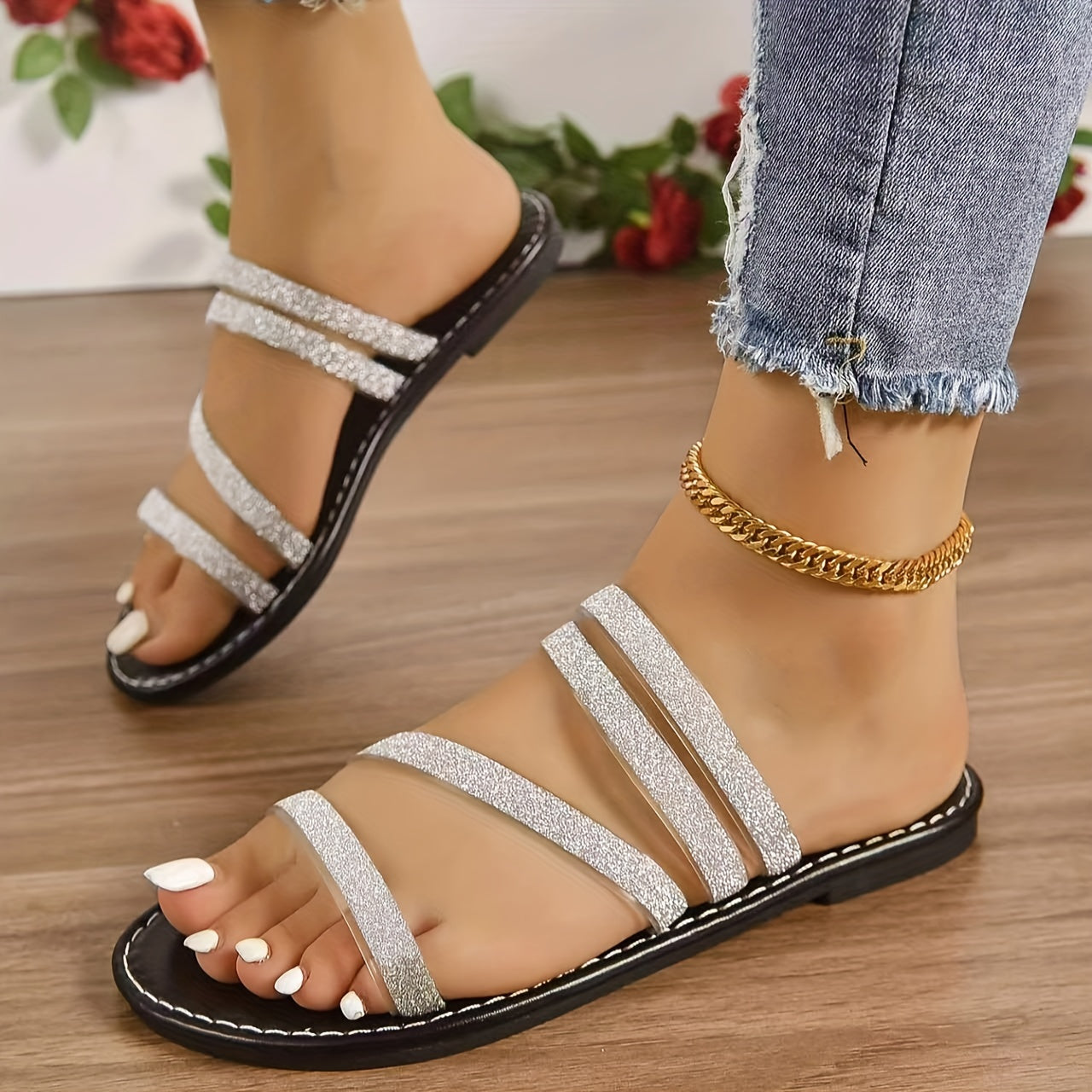 Women's Glitter Flat Slides Open Toe Slip On Beach Sandals
