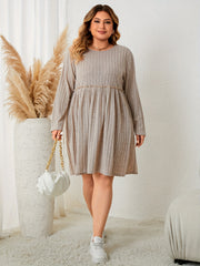 Solid Ribbed Ruffle Trim Long Sleeve Casual Dress