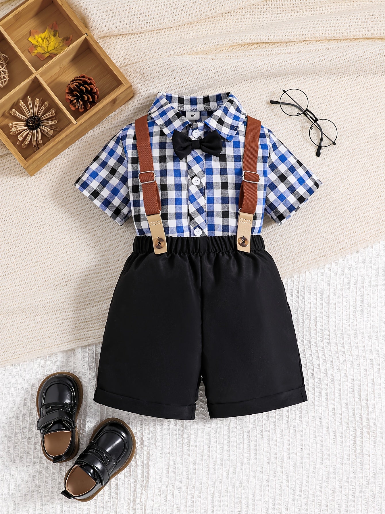 Plaid Outfit Baby Boys 2pc Bowtie Shirt & Suspender Shorts Set