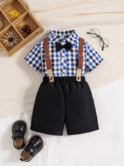 Plaid Outfit Baby Boys 2pc Bowtie Shirt & Suspender Shorts Set