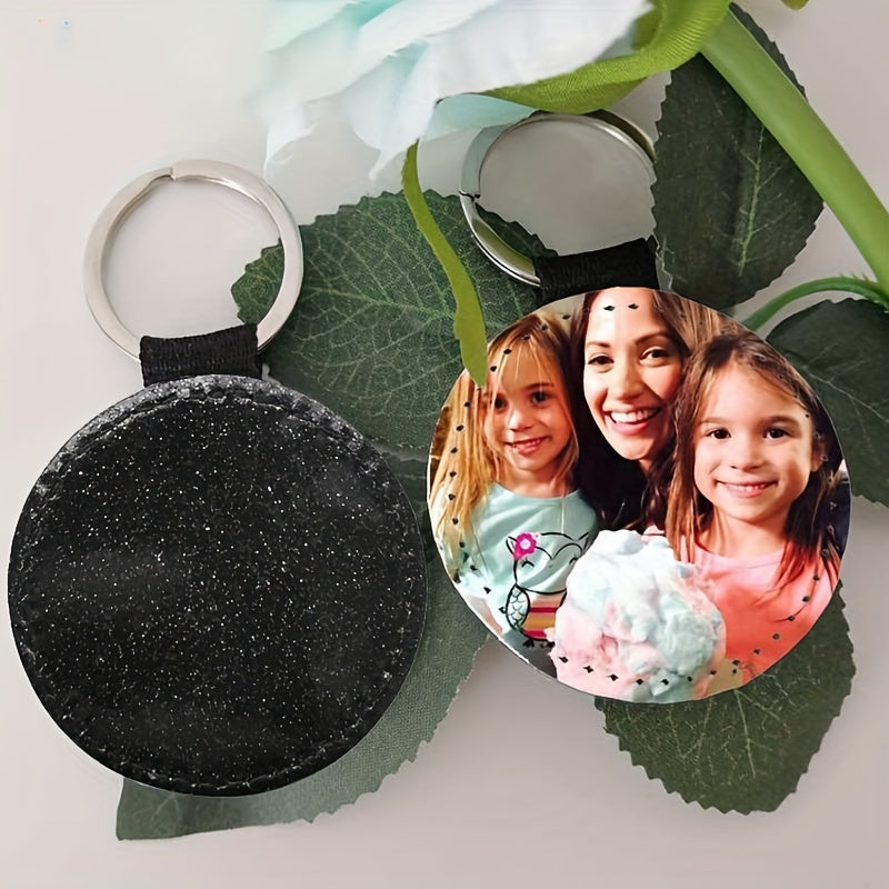 10pcs PU Glitter Sublimation Keychain Round Heat Transfer Key Chain