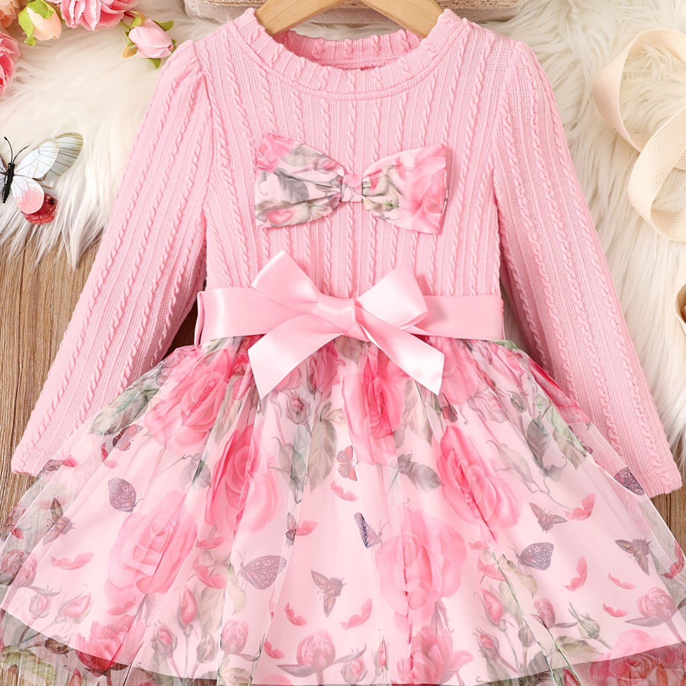 Toddler Girl Bow Front Floral Pattern Long Sleeve Dress