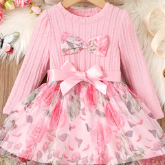 Toddler Girl Bow Front Floral Pattern Long Sleeve Dress