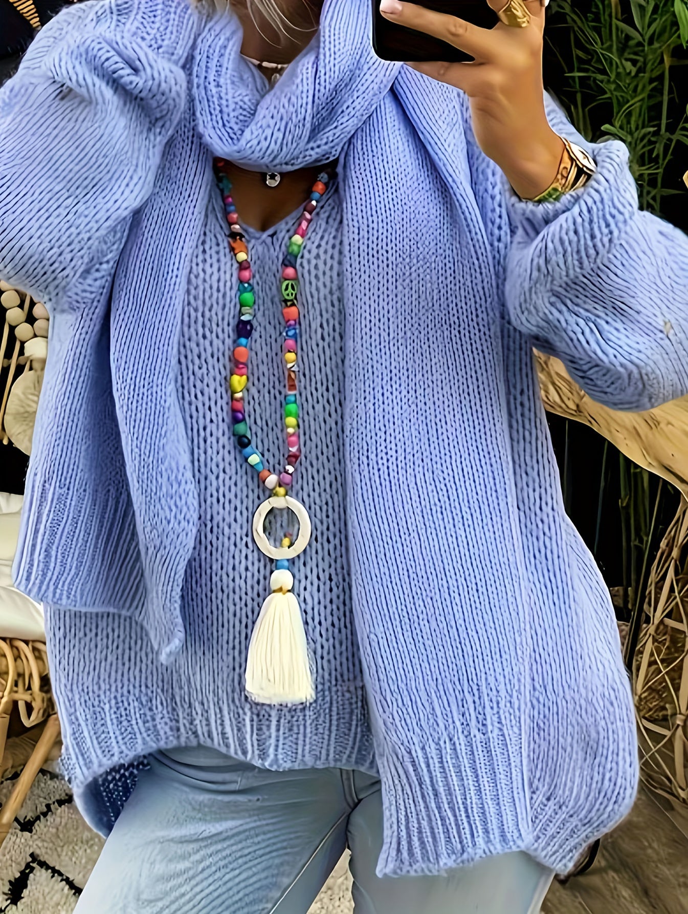 V Neck Sweater with Scarf