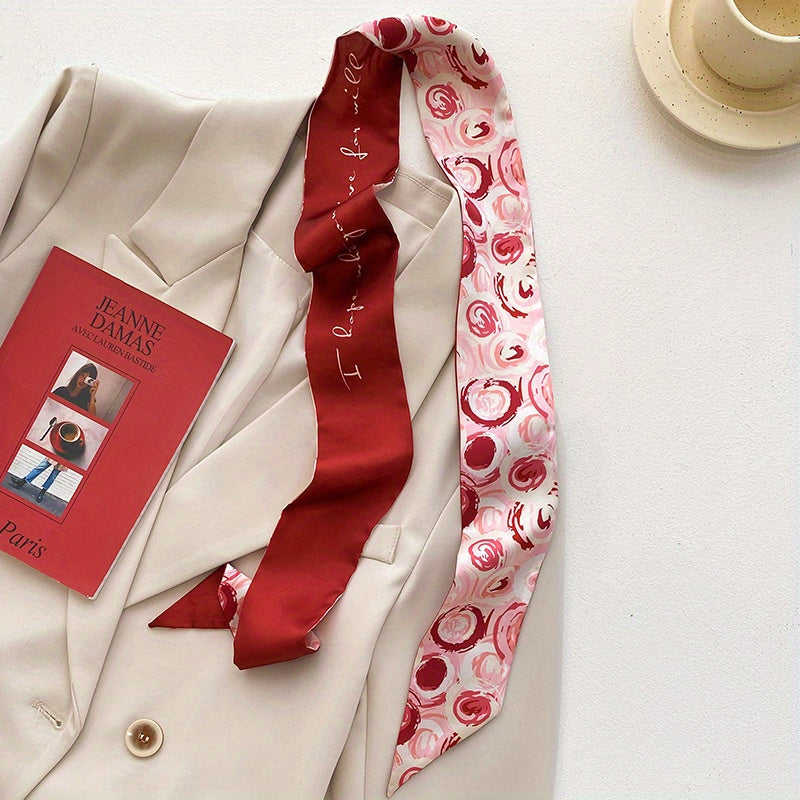Red Floral Print Skinny Scarf Silk Block Ribbon Necktie Neckerchief