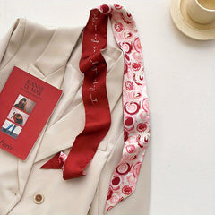 Red Floral Print Skinny Scarf Silk Block Ribbon Necktie Neckerchief