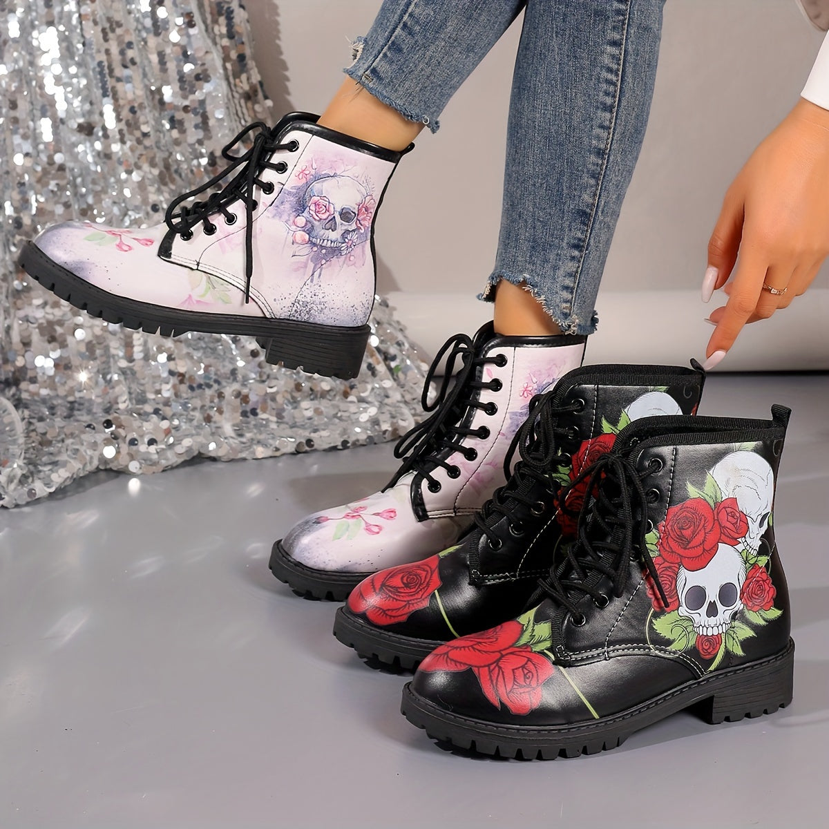 Skull & Rose Print Equestrian Boots Comfortable Medium Top Outdoor Boots