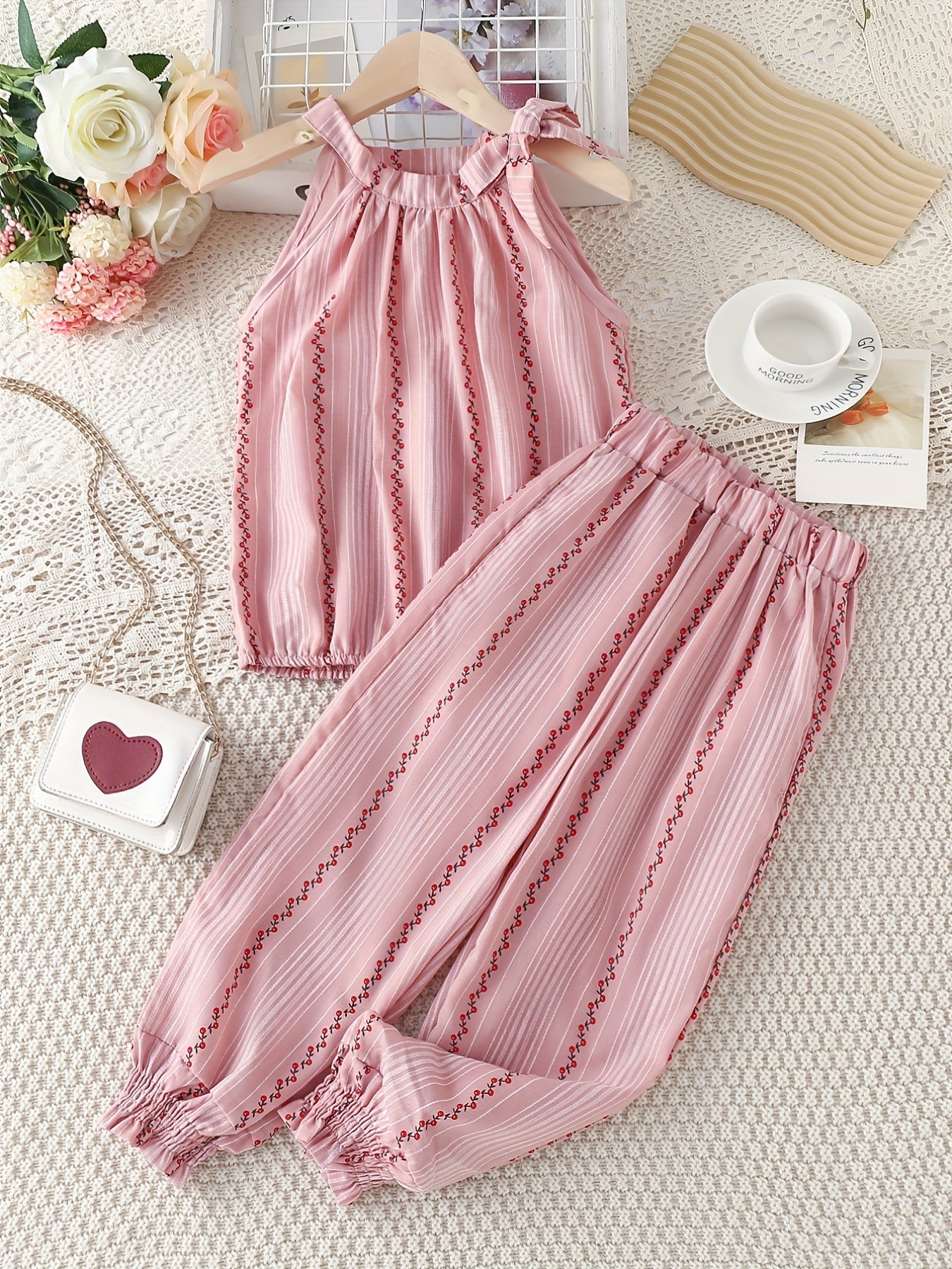 Girls' Floral Cotton Sleeveless Tank Top & Pants Set For Daily Outwear