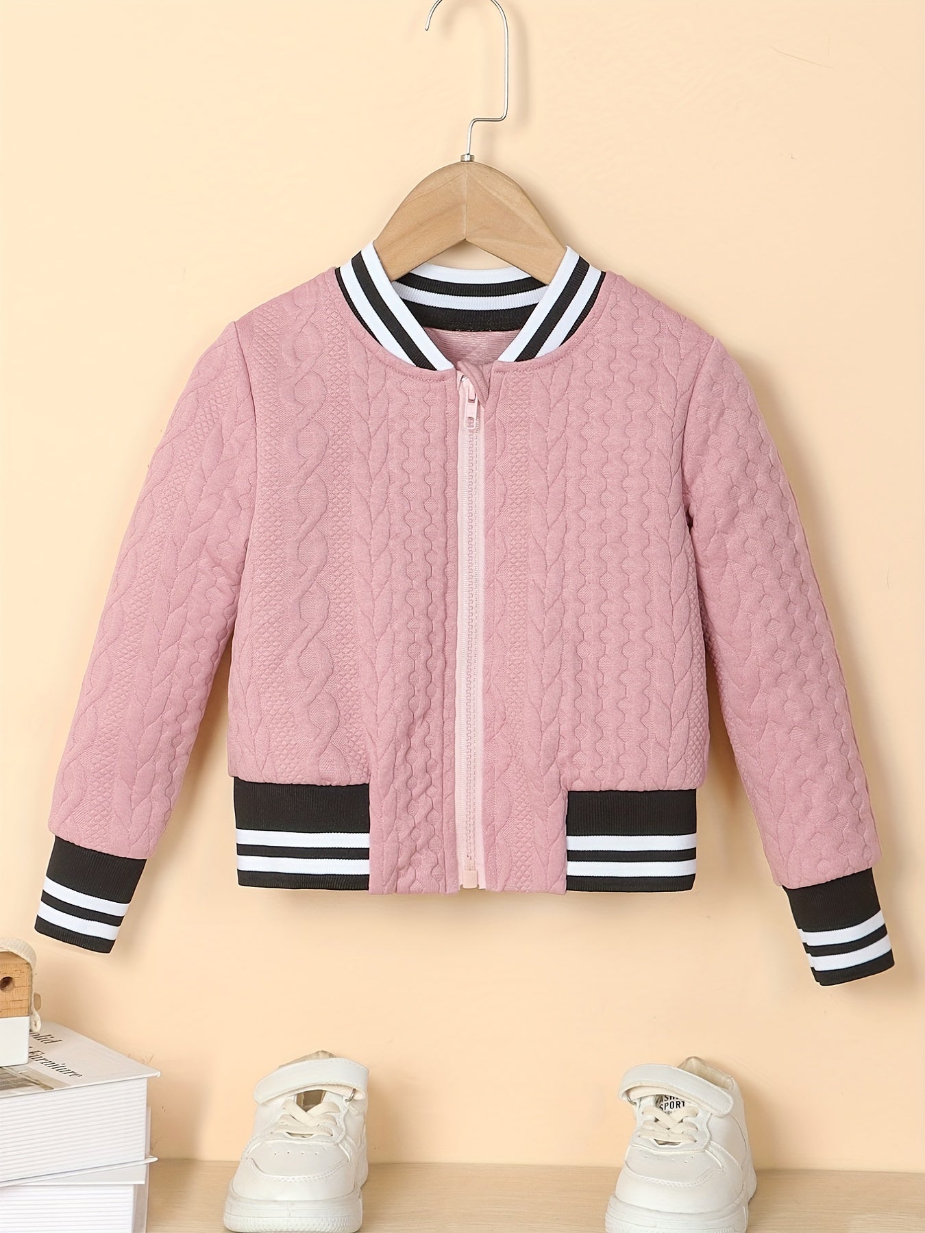 Kid Girls' Striped Baseball Jacket Zip Up Varsity Style
