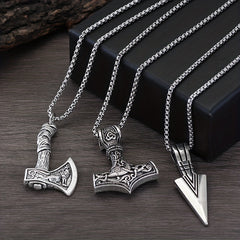 Men's Viking Necklace Hammer Compass Knot Wolf Axe Pendant