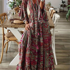 Plus Size Boho Dress Women's Paisley Floral Bell Sleeve V Neck Maxi