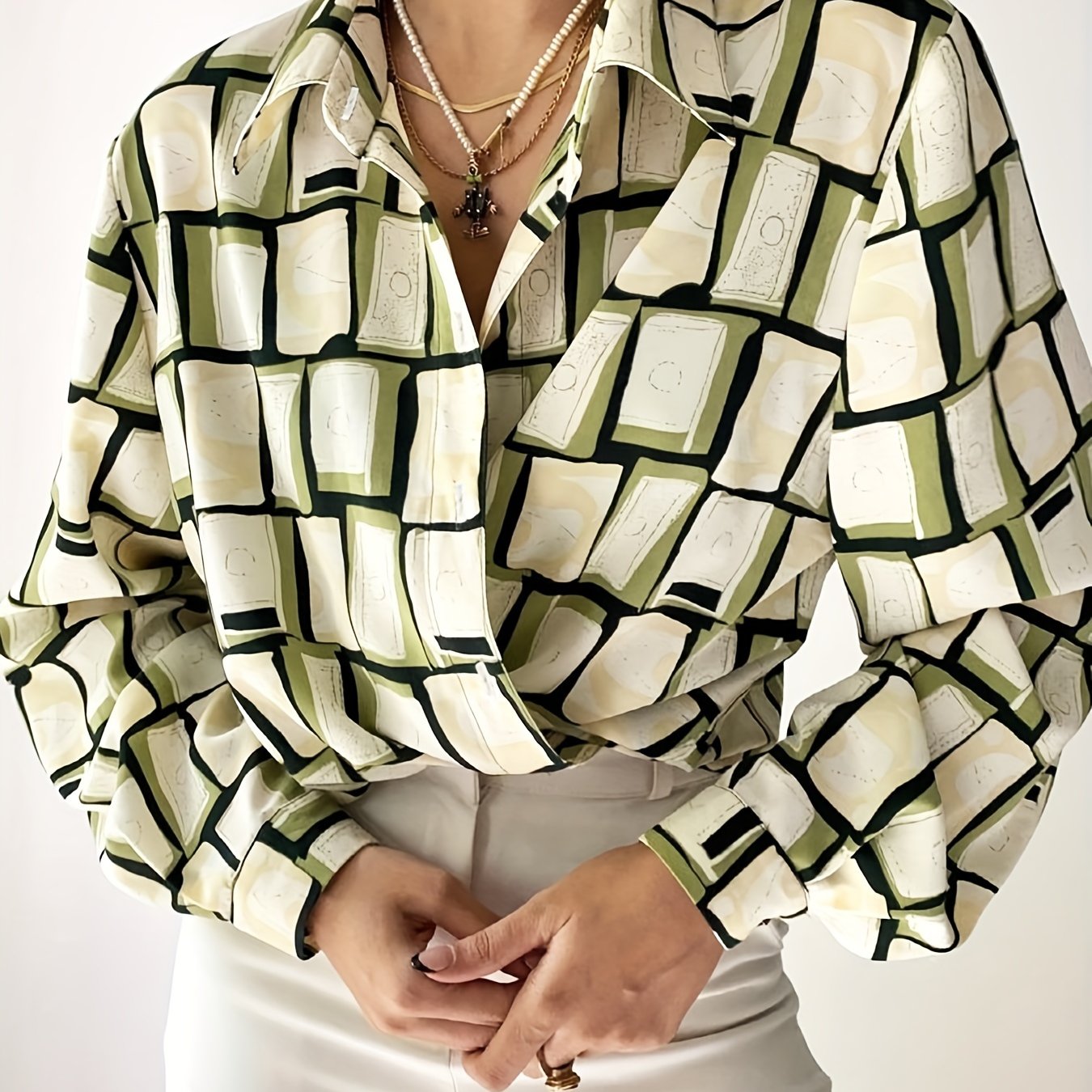 Geometric Print Button Up Long Sleeve Blouse