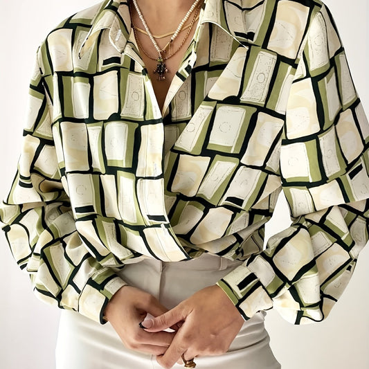 Geometric Print Button Up Long Sleeve Blouse