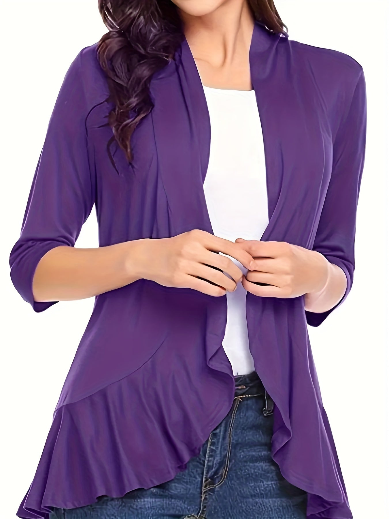 Solid 3/4 Sleeve Open Front Ruffle Trim Cardigan