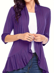 Solid 3/4 Sleeve Open Front Ruffle Trim Cardigan