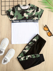 Boys Camo Outfit Set, Round Neck T-shirt & Pants, Kids Summer Clothing