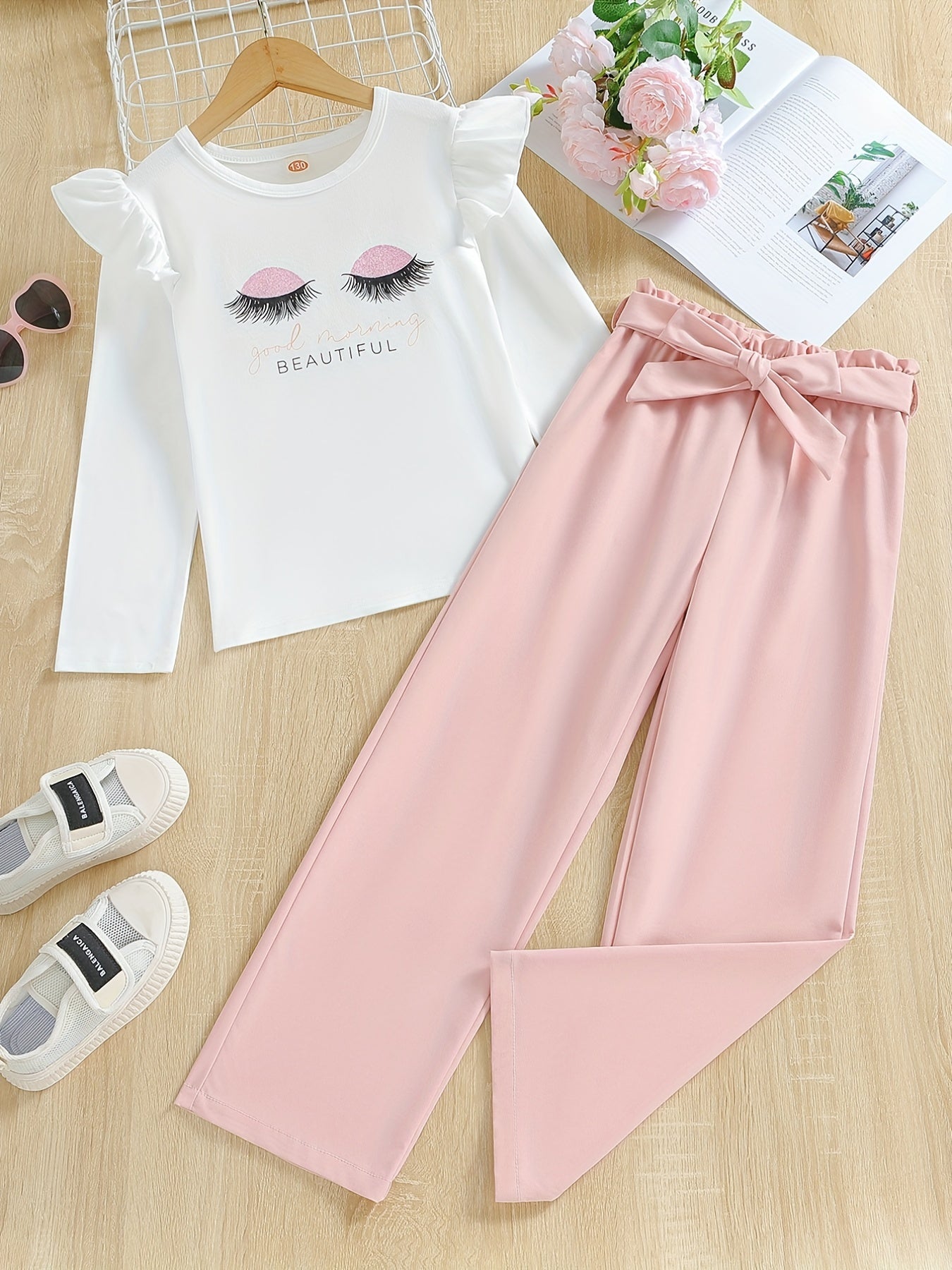 Girls 2pcs Ruffle Decor Top & Elastic Waist Pants With Belt