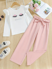 Girls 2pcs Ruffle Decor Top & Elastic Waist Pants With Belt